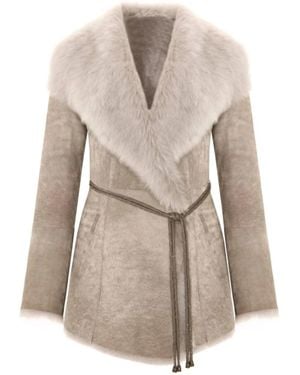Bigardini Toscana Shearling Jacket With Luxurious Fur Collar And Tailored Belted Waist - Natural