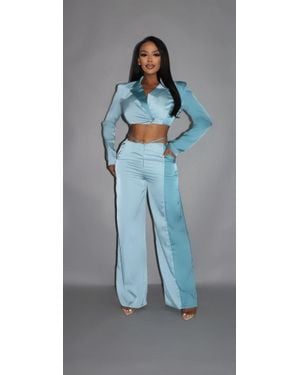 TRUEDAMES Colorblock Crop Blazer With Matching Low Rise Wide Leg Pant Set With Pockets - Black