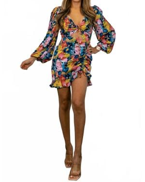 SurelyMine Work Of Art Bubble Sleeves Cinched Mini Dress - Multicolor