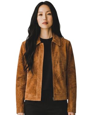 Infinity Leather Tan Suede Leather Bomber Blouson Varsity Jacket - Black