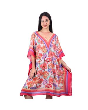 TRUEDAMES Tropical Poppy V Neck Kaftan Dress For Floral Beach Style - Pink