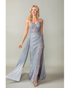 DQ Spaghetti Strap Glitter Gown With Lace-Up Back And Cascading Side Ruffle Prom Dress - Gray