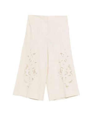 Twinset Wide-Leg Cropped Pants With Intricate Floral Embroidery - White