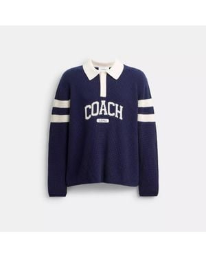 COACH Knit Long Sleeve Graphic Polo - Blue