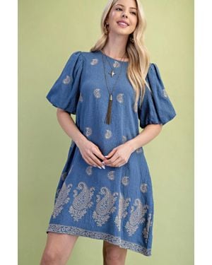 TRUEDAMES Paisley Embroidered Round Neck Mini Dress With Short Puff Sleeves - Blue