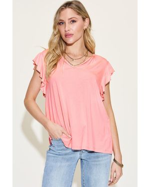 TRUEDAMES Full Size Bamboo Notched Ruffled Short Sleeve T-Shirt - Pink