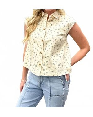 Doe And Rae Floral Print Denim Button Up Top - White