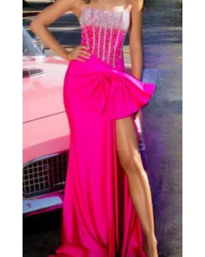 Portia and Scarlett Strapless Gown With Crystals And Detachable Bow - Pink