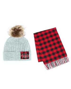David & Young Mama Bear Winter Beanie And Matching Buffalo Plaid Scarf Set - Red