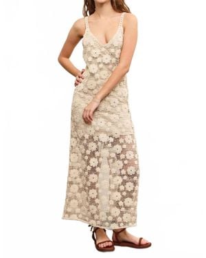 Mustard Seed Solid Crochet Floral Slit Midi Dress - Natural
