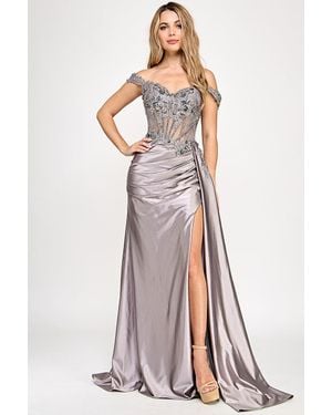 TRUEDAMES Off-Shoulder Satin Corset Evening Gown Lace Appliqué And High Slit - Gray