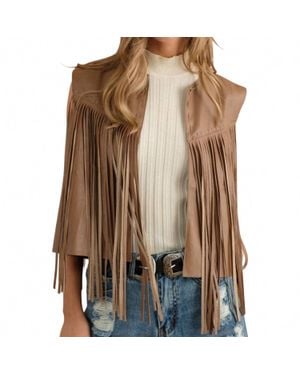 Blue B Faux Leather Fringe Braided Yoke Crop Waist Vest - Brown