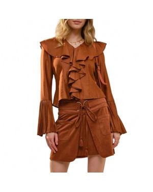 Blue B Pleated Ruffle Detail Blouse - Brown