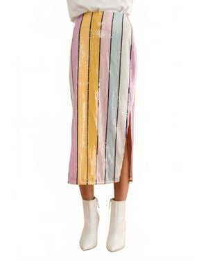 Blue B Stripe Sequin Side Slit Midi Skirt - White
