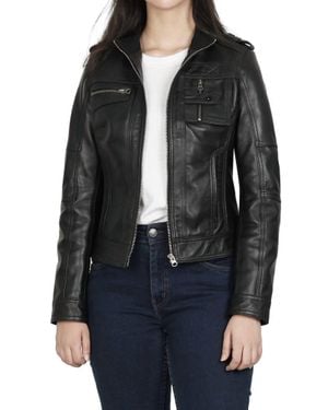 Decrum Cafe Racer Style Leather Jacket - Black