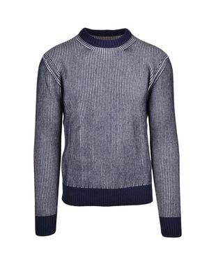 Add Crew Neck Sweater With Vertical Ribbed Pattern And Premium Blend - Blue