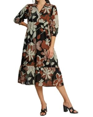 Umgee Floral Abstract Tiered Midi Dress - Black
