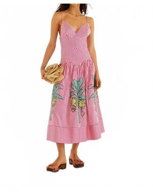 FARM Rio Palm Tree Cutwork Stripes Sleeveless Midi Dress - Pink