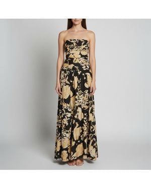 Shona Joy Floral Print Linen Blend Strapless Weyes Maxi Dress - Metallic