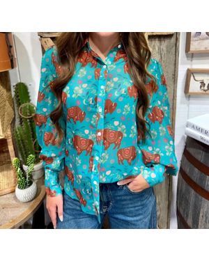 Turquoise Haven Buffalo Button-Front Blouse - Blue