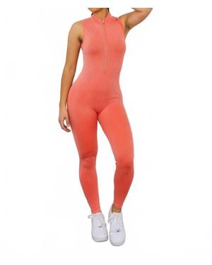 SurelyMine Mineral Wash Front Zipper Snatched Jumpsuit - Red