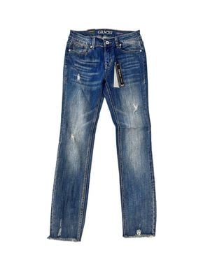 Grace In La Mid-Rise Distressed Denim Straight Leg Jean - Blue