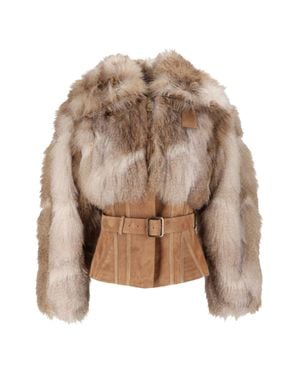 Elisabetta Franchi Cropped Textured Fur-Like Suede Belt Jacket - Natural