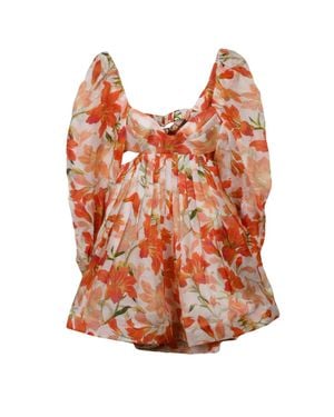 Zimmermann Floral Mini Dress With Balloon Sleeves And Zip Closure - Orange