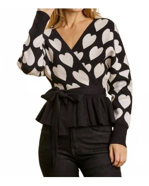 Umgee Heart Print Baby Doll Long Sleeve Sweater - Black
