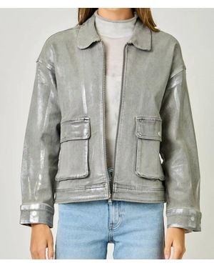 Mystree Metallic Washed Denim Shimmer Zip-Up Denim Jacket - Gray
