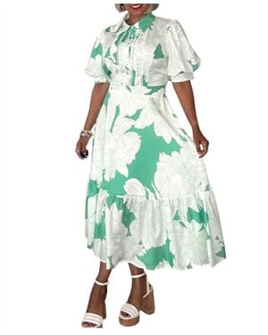 Peach Puff Sleeve Midi Dress - Green