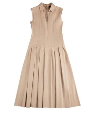Fay Pleated Sleeveless Dress With V-Neckline And Logo Detail - Natural