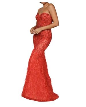 Terani Strapless Beaded Tulle Mermaid Gown - Red