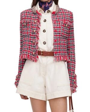 Self-Portrait Check Frayed Knit Jacket - White