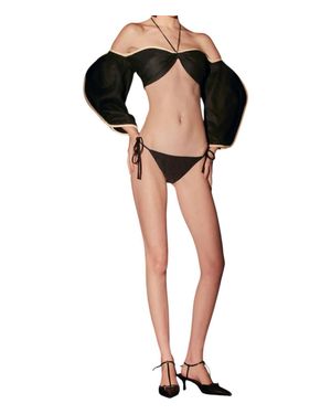 Yukio Cropped Linho Bolhas Preto Top - Black