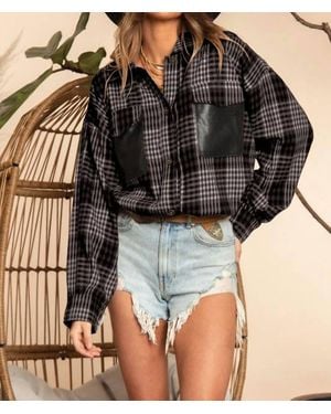 Blue Buttercup Faux Leather Pocket Flannel - Black