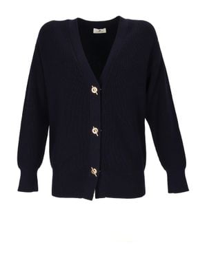 Elisabetta Franchi Ribbed Knit Cardigan With Deep V-Neckline - Blue