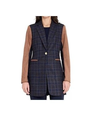 Tahari Plaid And Suede Blazer - Blue
