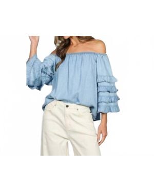 Vine & Love Off The Shoulder Ruffle Sleeve Top - Blue