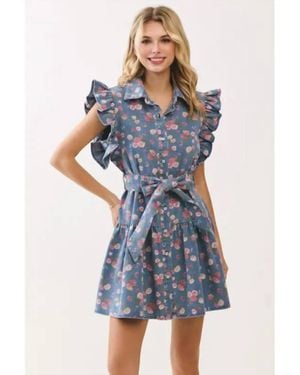 GeeGee X Lovelo Floral Denim Ruffle Dress - Blue
