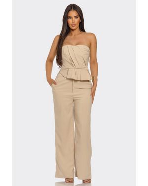 TRUEDAMES Strapless Asymmetric Pleated Top With Wide-Leg Pants Set - Natural