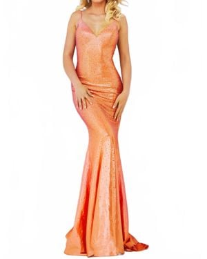 Jovani Embellished V Neck Party Dress - Orange
