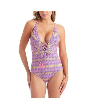 Jessica Simpson Shine Bright Lace Front One Piece Swimsuit - Purple