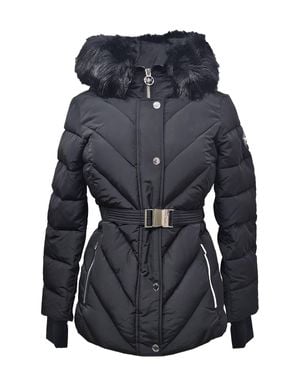 Michael Kors Belted Down Chevron Scutab Stretch Quilted Faux Fur Coat Jacket - Blue