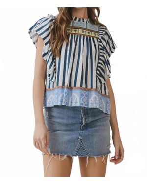 TCEC Striped Border Print Ruffled Detail Top - Blue