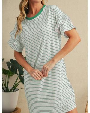 Shewin Stripe Ruffle T-Shirt Mini Dress - Blue