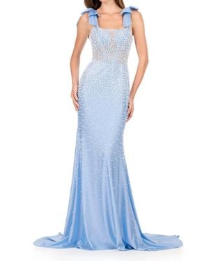 Ashley Lauren Square Neck Pearl Embellished Prom Dress - Blue