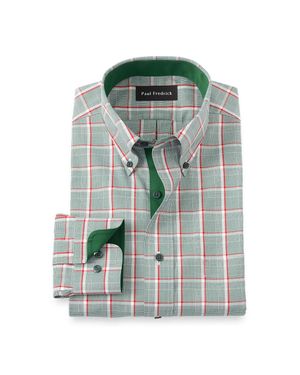 Paul Fredrick Tailored Fit Comfort Stretch Non-Iron Plaid Dress Shirt With Contrast Trim - Green
