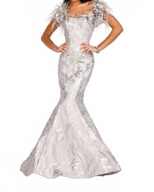 Terani Striking Flower And Feather Strapless Evening Gown - White