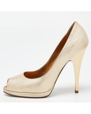 Roberto Cavalli Metallic Leather Peep Toe Pumps - Natural